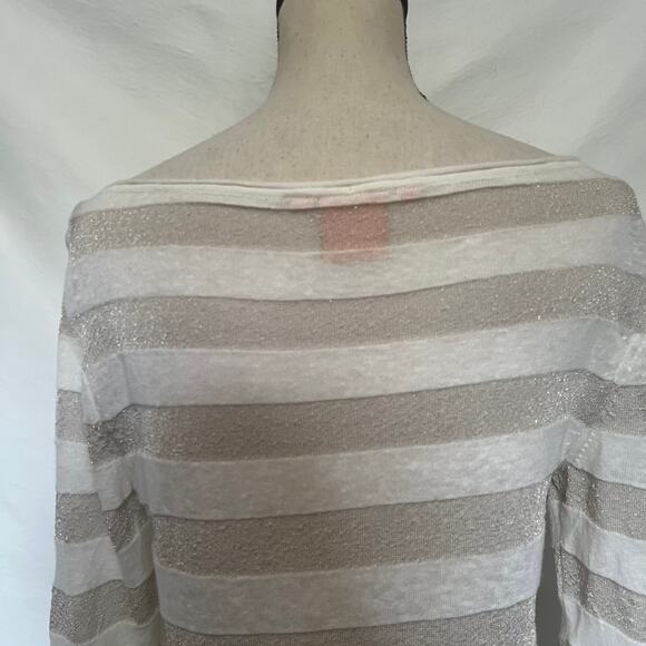 Tory Burch Metallic Stripe Sweater Sz M Boatneck Coastal Lightweight Preppy Tan - Picture 7 of 12